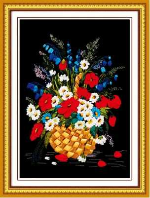 

50x55cm Black cloth flowerpot Ribbon embroidery kit stain painting set handcraft kit DIY handmade needlework art home decor