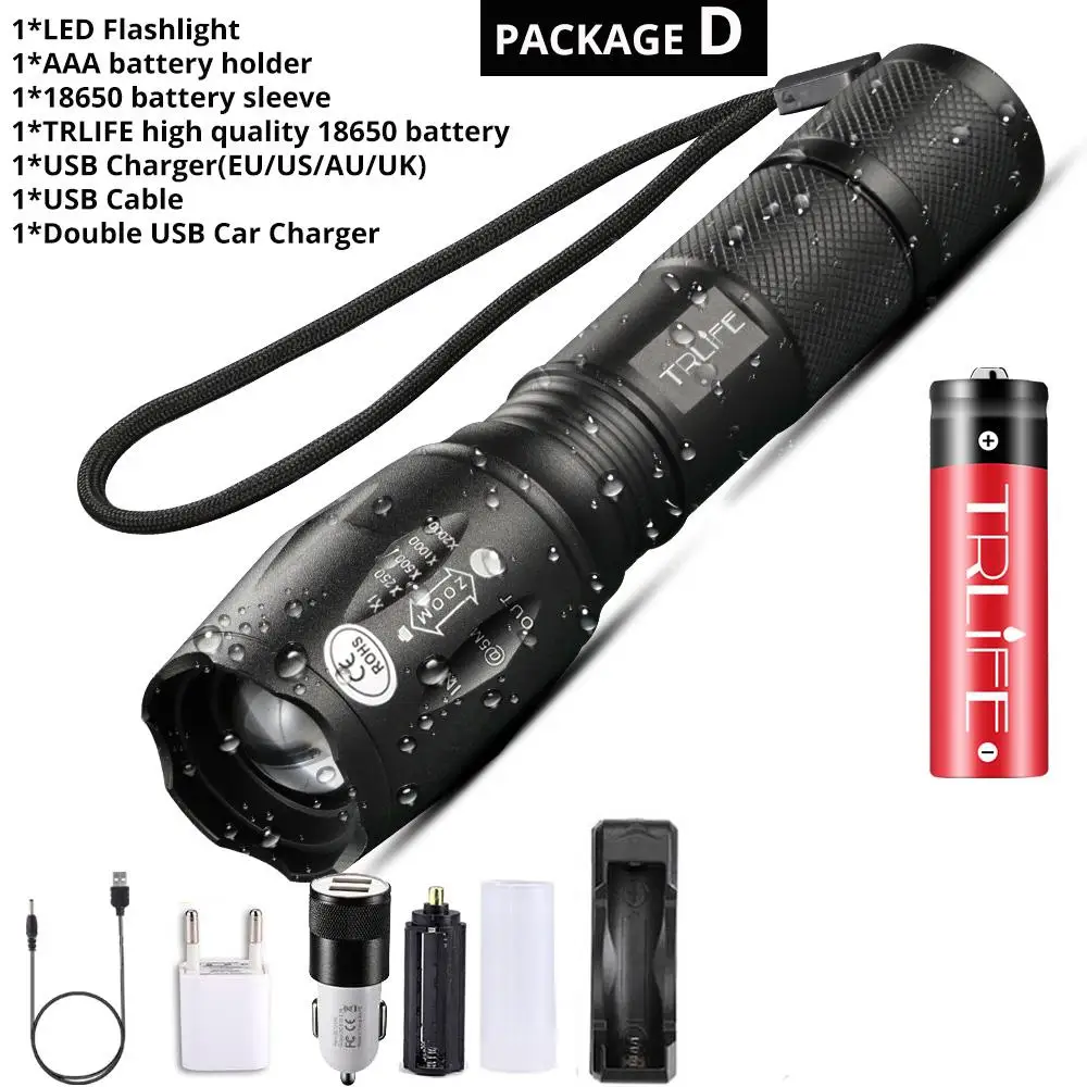 Package D Светодиодный светильник-вспышка, самый мощный фонарь T6/L2/V6, походный светильник, 5 режимов переключения, водонепроницаемый, масштабируемый, велосипедный светильник с батареей 18650 - Испускаемый цвет: Package D