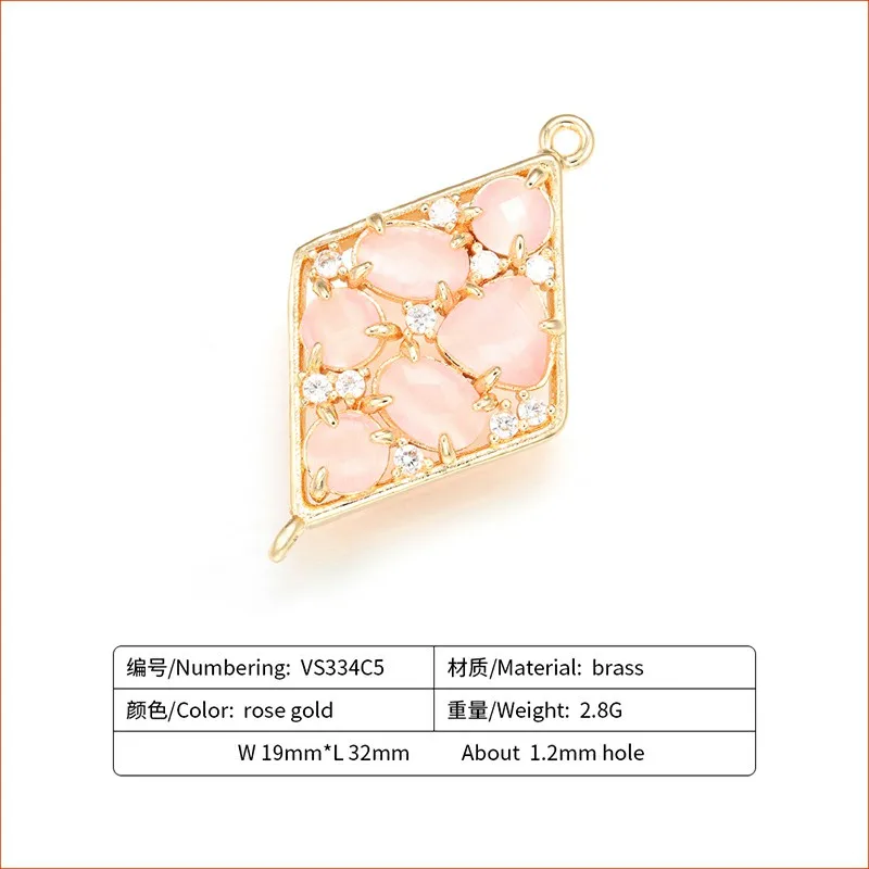 pink ZHUKOU 19*32 мм латунь кубический цирконий ромбические коннекторы с кристаллами DIY ювелирных изделий Аксессуары, модель: VS334 отверстие: 1,2 мм - Цвет: pink