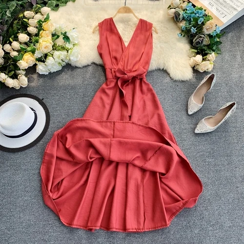Watermelon Red HISUMA летнее Новое Женское шифоновое платье с глубоким v-образным вырезом без рукавов на шнуровке с бантом женское элегантное приталенное ТРАПЕЦИЕВИДНОЕ ПЛАТЬЕ С v-образным вырезом - Цвет: Watermelon Red