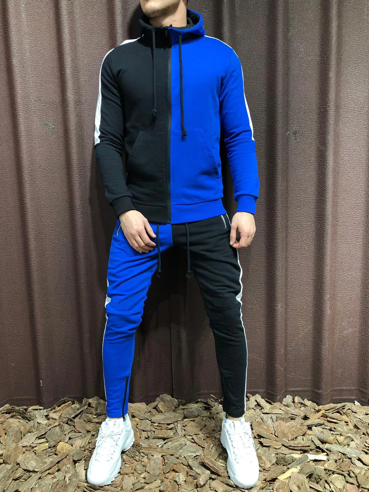 Black blue WENYUJH, осенний спортивный костюм из 2 предметов, мужская повседневная Лоскутная спортивная одежда, комплект, толстовки, толстовка, тренировочные штаны, мужской спортивный костюм для бега, ropa hombre - Цвет: Black blue