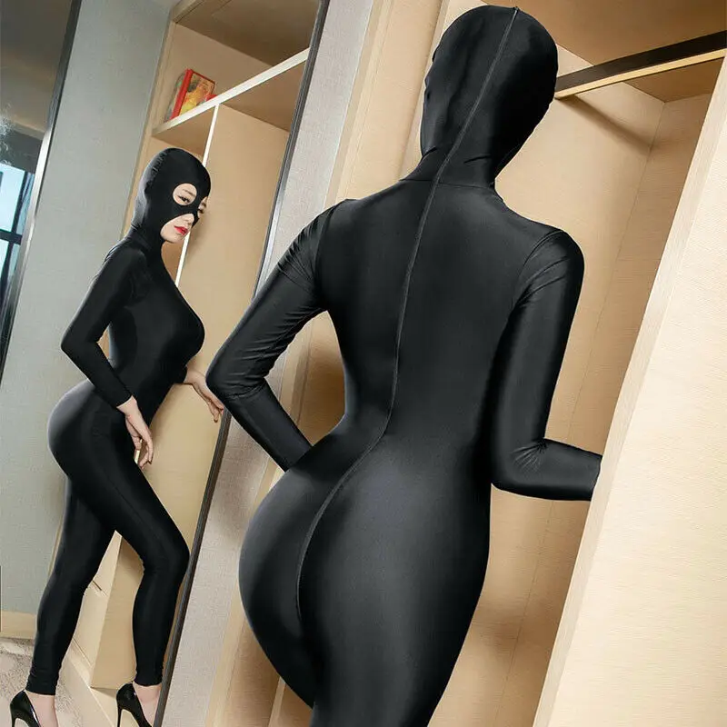 Черный Женский костюм Zentai из лайкры с открытыми глазами, с открытым носом, 2 варианта застежки-молнии, костюм из спандекса, нарядный костюм, комбинезон, комбинезон - Цвет: Черный
