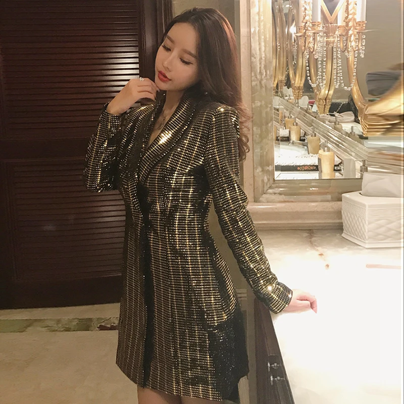 High Street Новая мода 2018 Дизайнер Блейзер Для женщин с длинным рукавом золото Bling