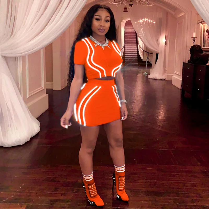 Chicology reflective stripe top mini skirt women matching 2 two piece set summer female sexy co ord clothes festival outfit - Цвет: Оранжевый