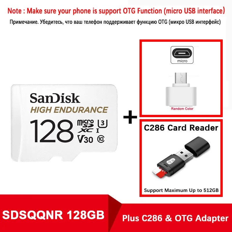 SanDisk карта памяти MicroSD карта памяти высокая выносливость MicroSD 32 Гб 64 Гб 128 ГБ до 100 м/с TF карта C10 U3 V30 Cartao De Memoria флешка - Емкость: SQQNR-128G-C286-OTG