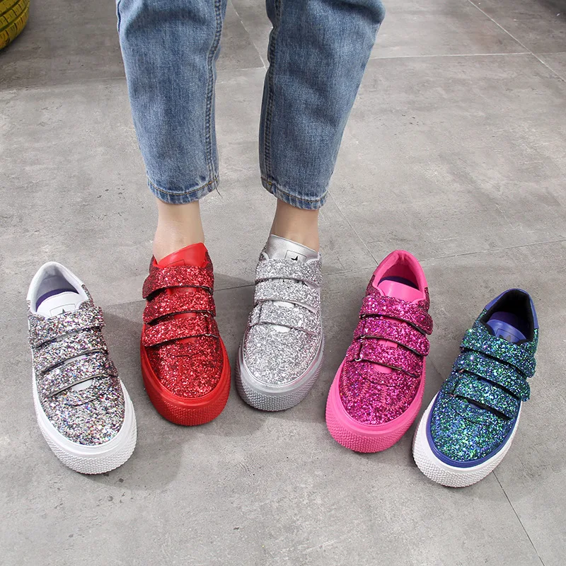 Женская обувь на платформе, Блестящие Кроссовки, zapatos de mujer B, Весенняя новинка, chaussures femme, с блестками, женская обувь на не сужающемся книзу массивном каблуке, серебристого цвета
