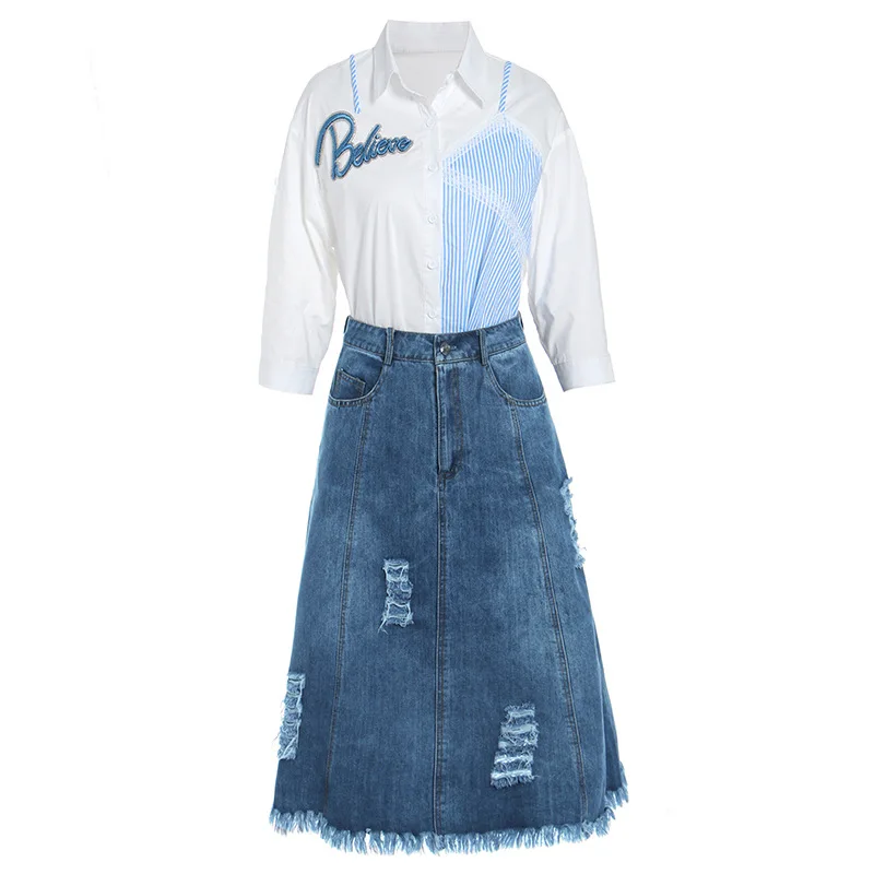 Джинсовая юбка весенние и летние женские комплекты 2019 новая мода блузка с ворсом