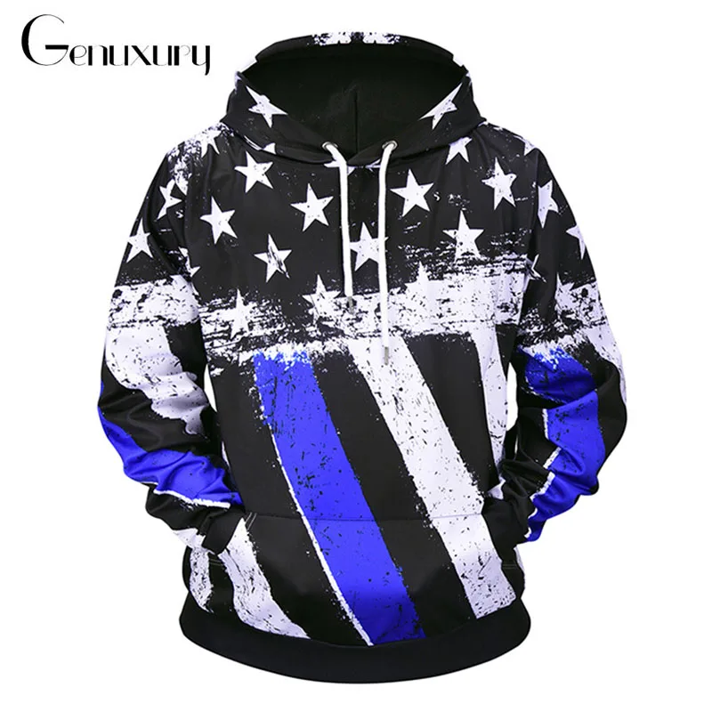 Genuxury Brand Star and Stripe Print Hoodie Sweatshirt Long Sleeve Crewneck Pullover Mens Clothing Hoodies With Hat | Мужская одежда
