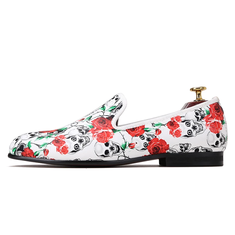 Piergitar 2017 New style Skull and Flowers Prints white color men shoes Fashion smoking slipper Wedding Party men's loafers | Обувь