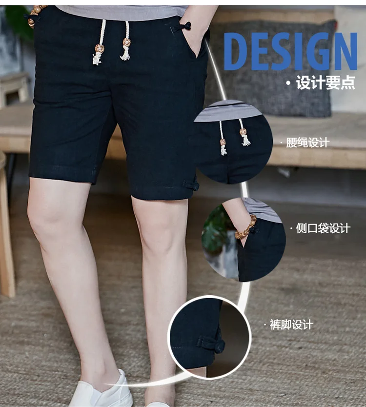 

Mens shorts cotton linen knee length good quality elastic waist drawstring 3color gray black navy M-5XL drop shipping middle