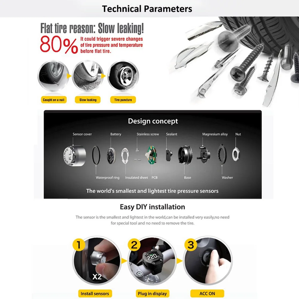Система контроля давления в шинах с водонепроницаемым датчиком и беспроводным