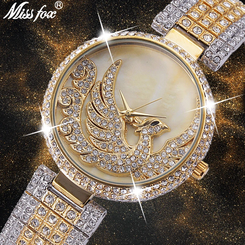 

MISSFOX Phoenix Watch Women Rhinestone Imported Japan Quartz Watch Gold Women Brand Fashion Pearl Shell Female Timepiece Relog
