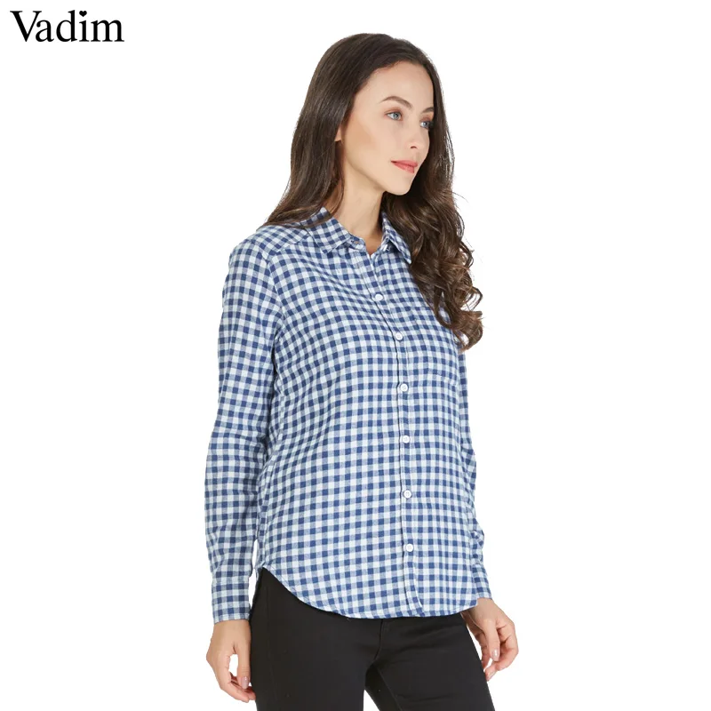 Vadim женские клетчатые рубашки в мелкую клетку блузки с начесом Blusas Femininas стоячий