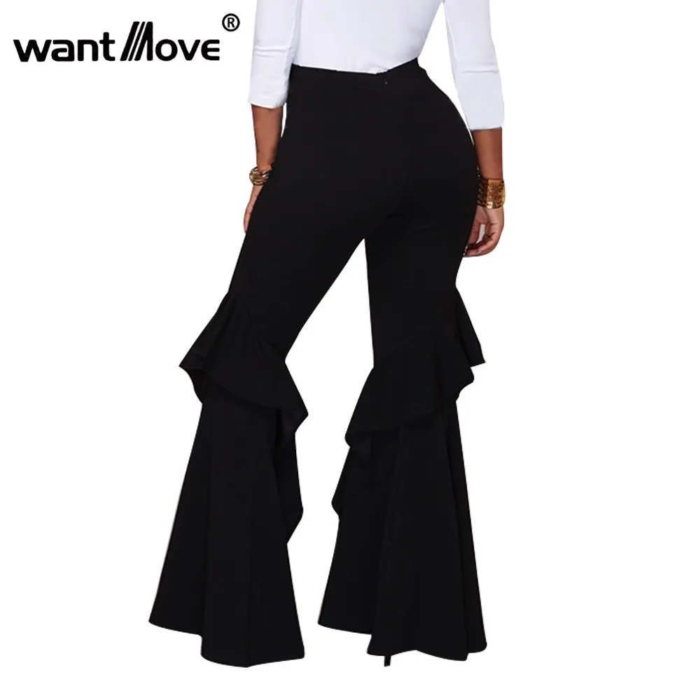 Wantmove, 5 цветов, расклешенные брюки, длинные штаны, лоскутные, новинка года, Осень-зима, женские, с высокой талией, однотонные, длинные штаны, JZ237 - Цвет: black