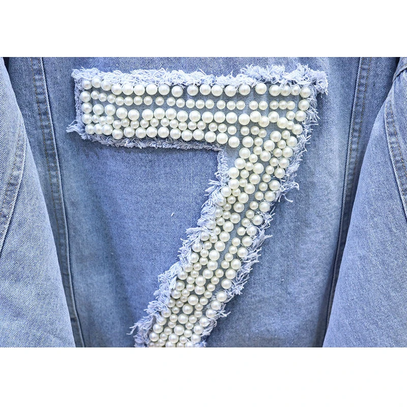 Женская джинсовая куртка с бусинами и длинным рукавом модель R749 на осень