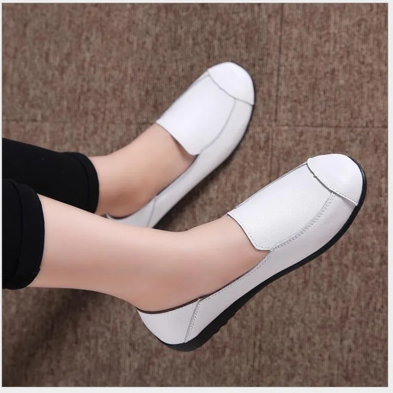 Women Flats 2021 Spring Summer Genuine Leather Flat shoes Large Size White Nurse Shoes Fashion Ballet Loafers | Обувь