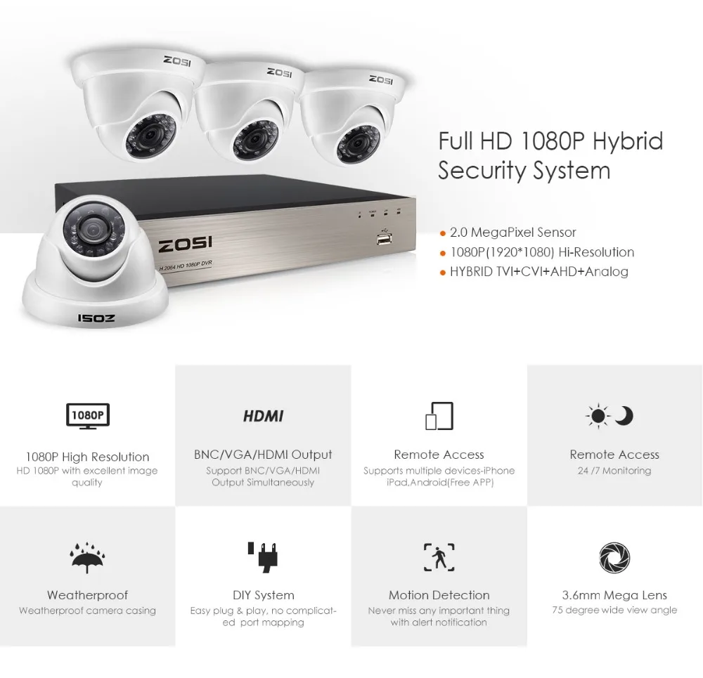 ZOSI 8 каналов HD 1080P CCTV безопасности Видео камера система HD-TVI DVR комплект рекордер с водонепроницаемым ИК фильтром 2MP купольная камера