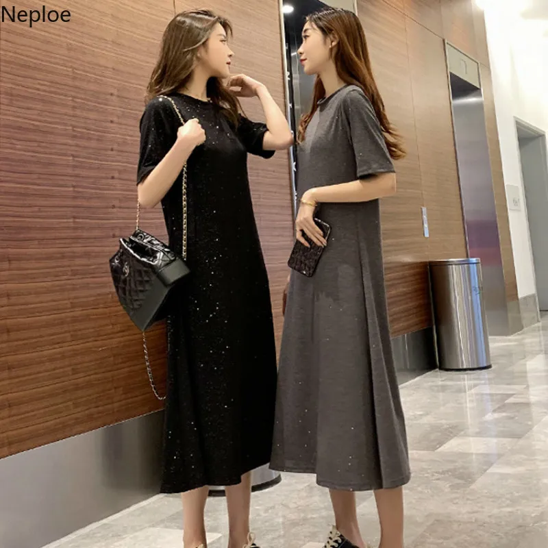 Neploe блестками женское платье Лето 2019! Модное с О образным вырезом короткий рукав