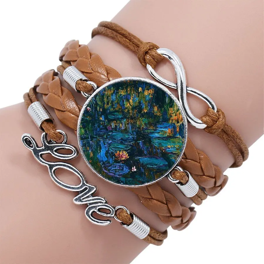 For Girls Gifts Claude Monet Water Lilies Jewelry Glass Cabochon Multilayer Black/Brown Leather Bracelet Bangle | Украшения и