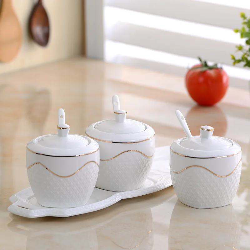 3 шт. набор кастрюль для приправ Белая Керамическая сахарница со стеклянной