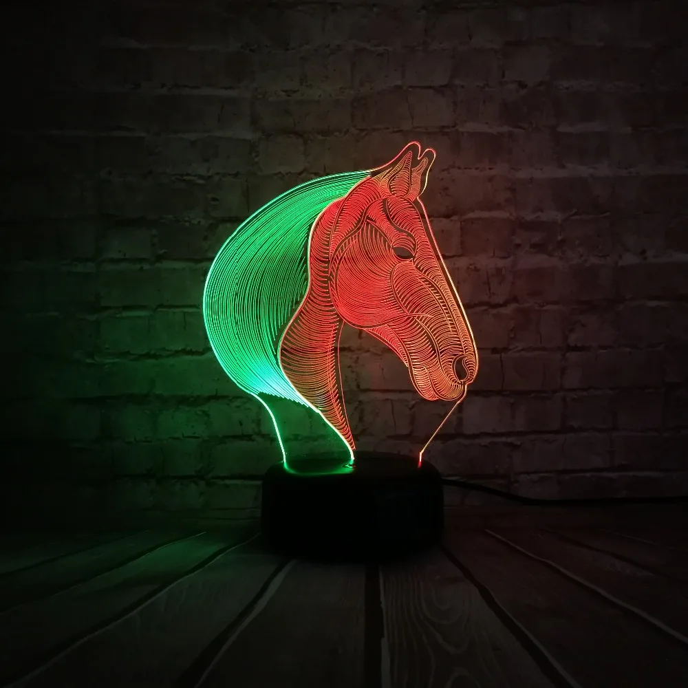 7 цветов Изменение градиент Мода животное голова лошади светодиодные ночники 3D Светодиодный Настольные лампы для дома спальни вечерние Рождественский подарок
