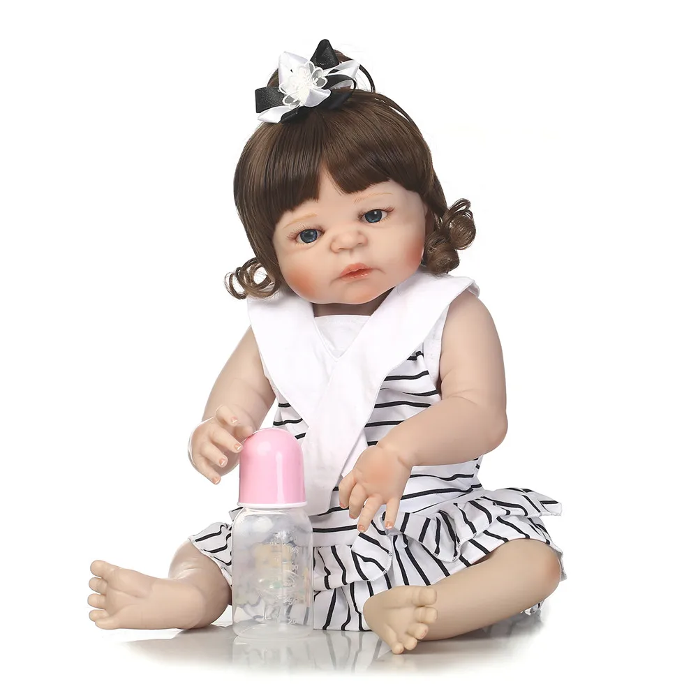 

Cute wavy hair bebes reborn NPK 22" full body silicone reborn dolls real baby new born girl with Navy jeans best children gift