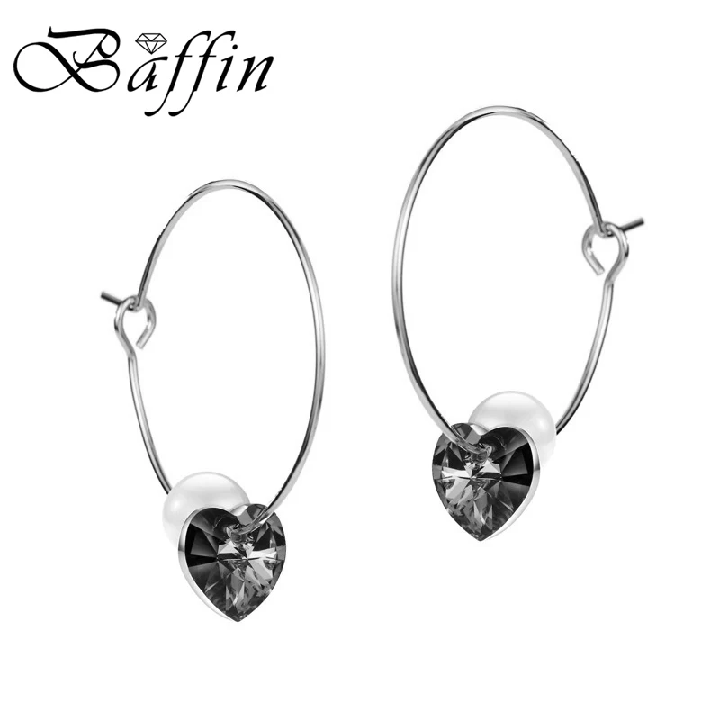 BAFFIN серьги-кольца с голубыми кристаллами в виде сердца от SWAROVSKI для женщин, ювелирное изделие из искусственного жемчуга, висячие серьги на День святого Валентина - Окраска металла: Crystal Silver Night