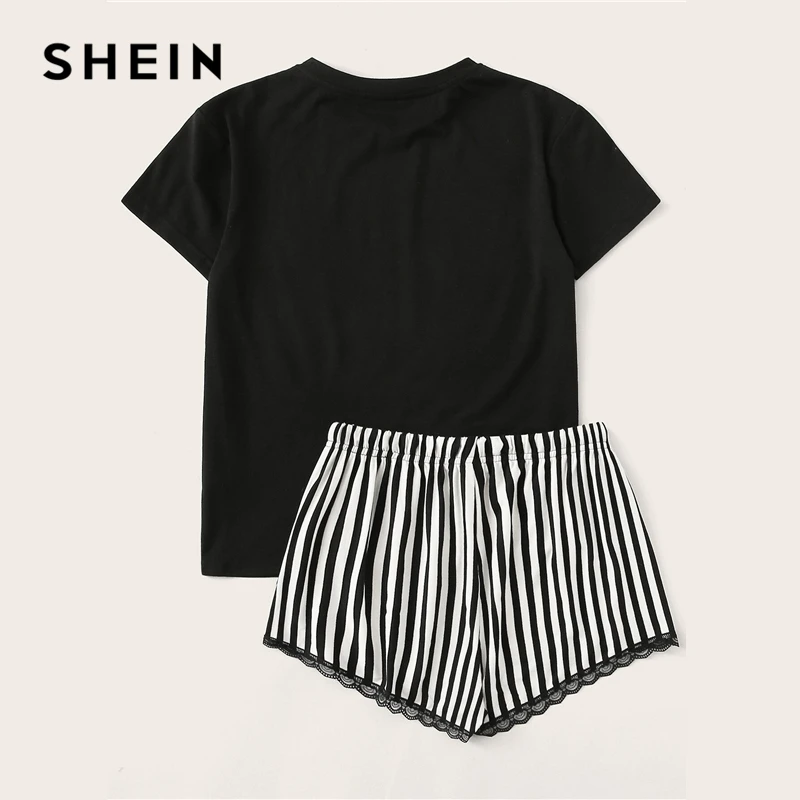 SHEIN, черный топ с буквенным принтом и полосатые шорты с кружевной отделкой, пижамный комплект, летняя Пижама, женская повседневная одежда для сна, пижамные комплекты