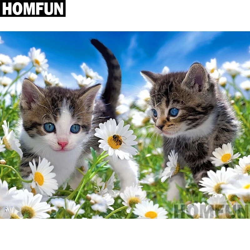 

Алмазная живопись HOMFUN A01013, полноразмерная/круглая 5D картина «кошки в саду», вышивка крестиком, домашний декор, подарок