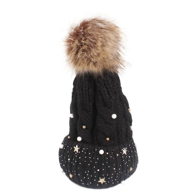 

Drill Rhinestone Beanie Women Pom Pom Fur Hat Winter Cap for Women Pompom Knitted Beanies for Ladies X3