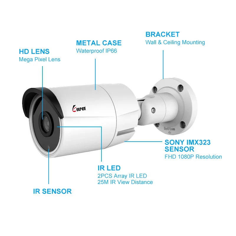 Камера видеонаблюдения Keeper 1080P AHD 2.0MP 2000TVL наружная CCTV с ИК-подсветкой, металлическим корпусом и сенсором SONY для аналоговой системы наблюдения 4 канала.