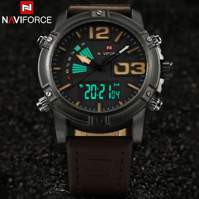 Мужские спортивные часы NAVIFORCE брендовые кожаный кварцевые светодиодный цифровые