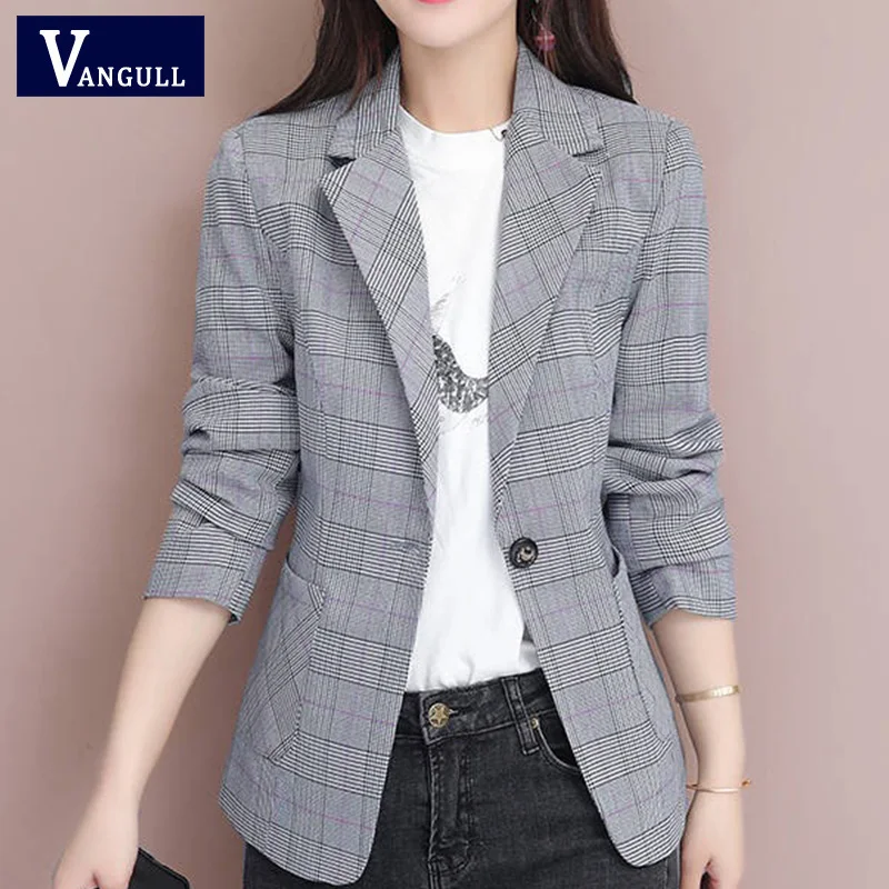light gray Vangull/Винтажный Женский блейзер с одной пуговицей в клетку; сезон весна-лето; куртки с карманами; женские ретро-костюмы; пальто для работы; Feminino Blaser - Цвет: light gray