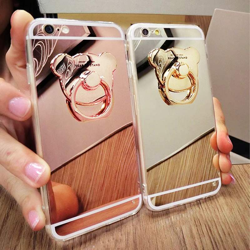Зеркальный чехол с кольцом-держателем и маленьким медведем для iPhone 11 Pro Max 8 7 6 6S Plus
