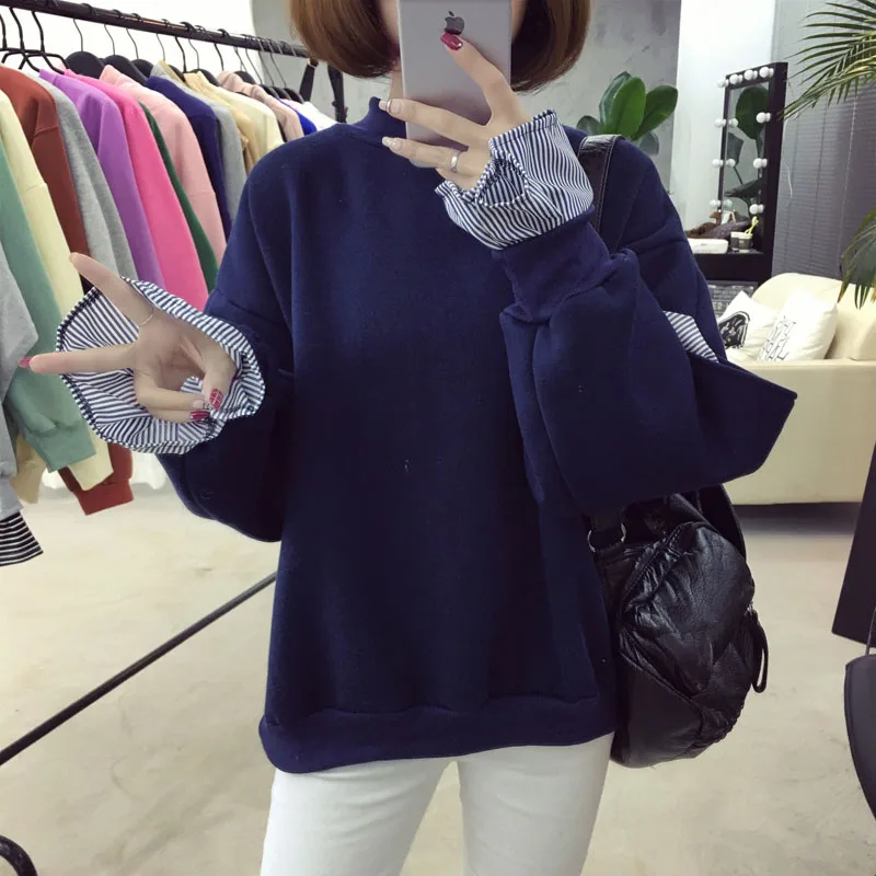 Spring Autumn New Women Striped Fake Two Piece O-Neck Sweatshirts Loose Casual Fashion Drop-Shoulder Harajuku ZX639 | Женская одежда