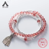 hot style 925 sterling silver fashion sweet pink strawberry quartz sassel pendants bracelets women jewelry for gift