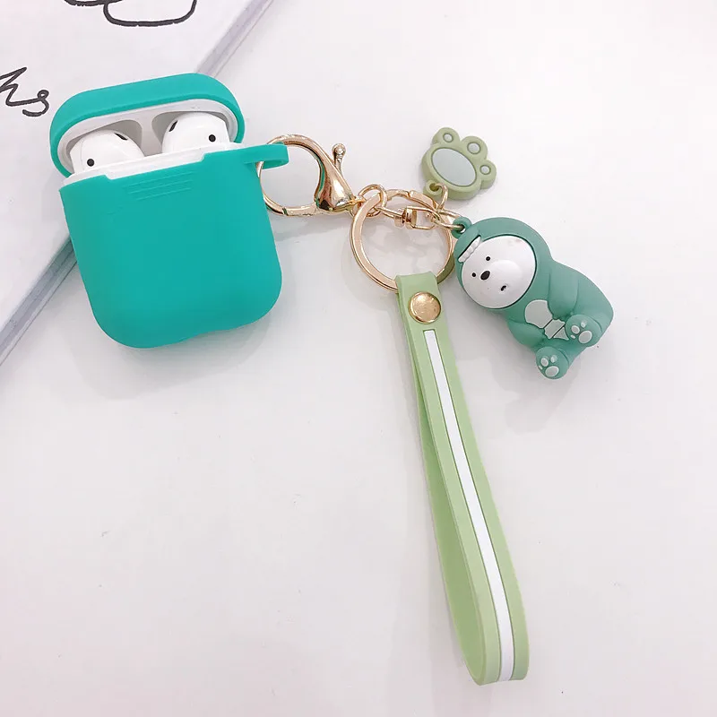 Green Bear Милый чехол для наушников для AirPods чехол для Air Pods аксессуары с героями мультфильмов на айрподс Apple эир подс силиконовый чехол с кольцами для ключей ремень чехол на эйрподс чехлы на наушники airpods airpods2 - Цвет: Green Bear
