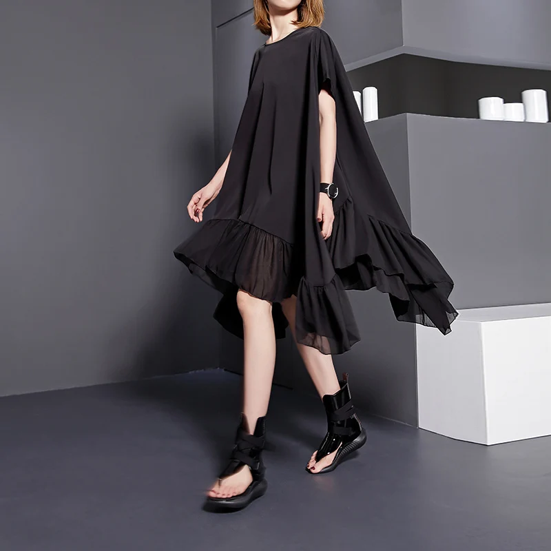 [EAM] new summer autumn round neck short sleeve solid color black split joint loose big size dress women fashion tide 446 - Цвет: black