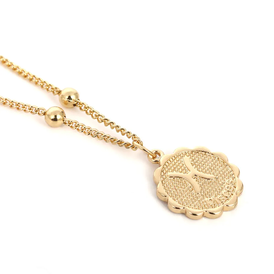 Pisces Golden Ingemark 12 Zodiac Constellation Carve Coin Pendant Necklace Simple Copper Leo Beads Clavicle Chain Necklace Sexy Couple Jewelry - Окраска металла: Pisces Golden