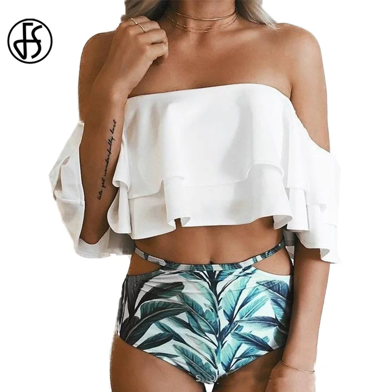 FS женский купальник бандо с оборками бикини листьями 2018 белый высокой талией
