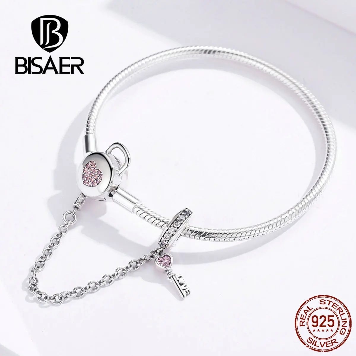 BISAER модный браслет-цепочка с розовым сердцем, 925 пробы, серебро, подходят к оригинальному пану, подвески, ювелирные изделия HSB143