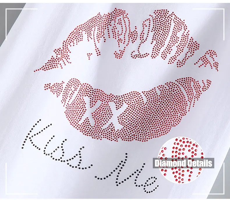 Новинка, летняя футболка со стразами и надписью Kiss Me Lips, новые модные женские футболки с длинным рукавом, женская одежда, хлопковые футболки
