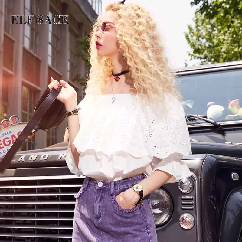 ELFSACK stylish Summer Women Cotton Short Casual Lace Chiffon Blouses Slash Neck Lantern Sleeve Female Solid Top Blouse|Блузки| |