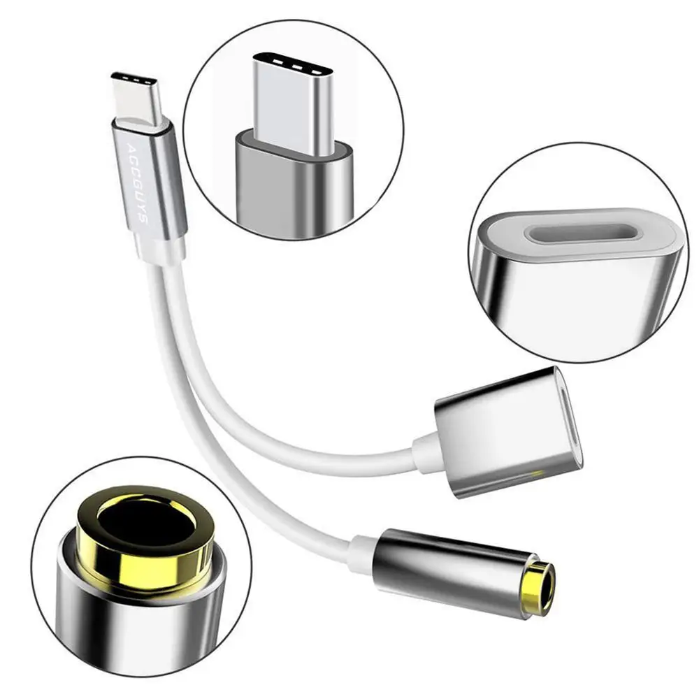ACCGUYS 2 в 1 Тип usb C до 3,5 мм женский гнездо для подключения наушников кабель постоянного тока зарядный адаптер вызова для Xiaomi 6 huawei P20 samsung S8 S9 - Цвет: silver