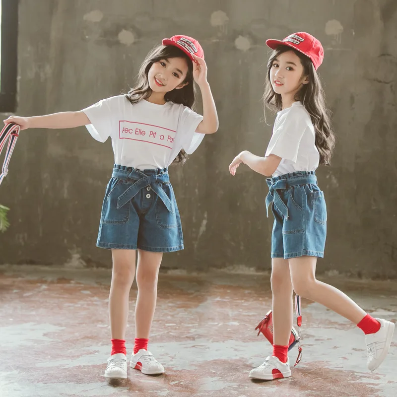 2 шт. хлопковая футболка и джинсовые шорты для девочек | Мать ребенок