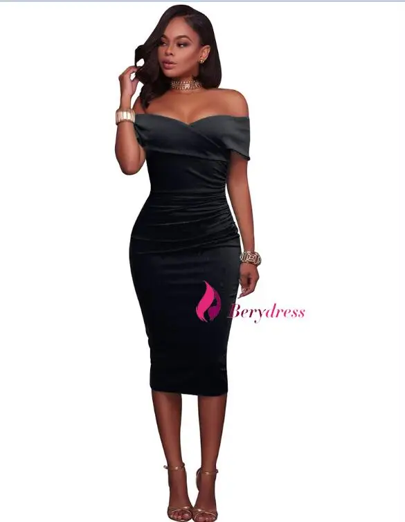 Black Berydress женское сексуальное платье с открытыми плечами, без бретелек миди платье с рюшами элегантное облегающее Клубное платье платья-карандаши - Цвет: Black