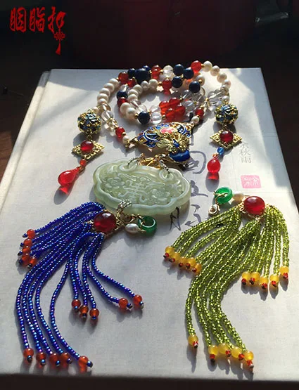 Лазуритовая перегородка зеленый нефрит цветок ожерелье браслет Hanfu костюм