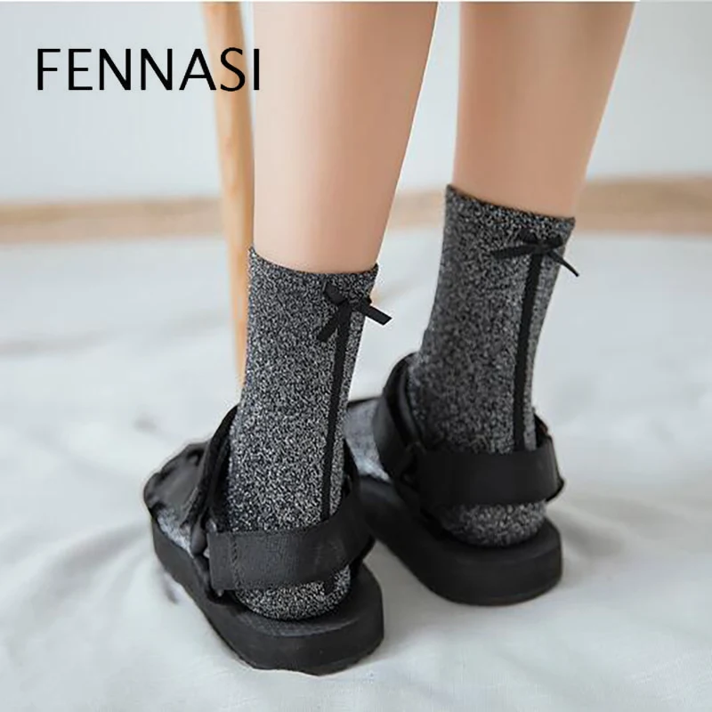 FENNASI веселое Harajuku женские носки женские тонкие однотонные колготки леди блестящие носки Модные пикантные черные сапоги в полоску, в стиле пэчворк, украшенные бантом; носки для девочек