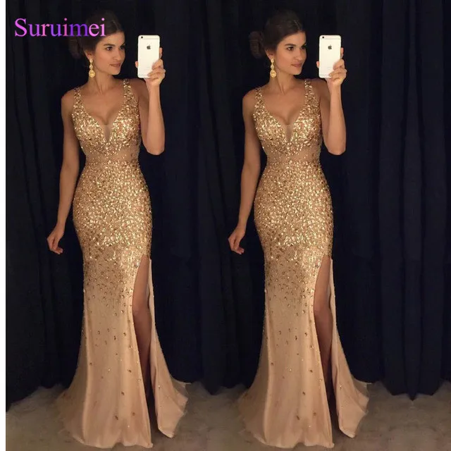Новое роскошное платье с бисером и пайетками Vestidos De Baile фатиновое разрезом