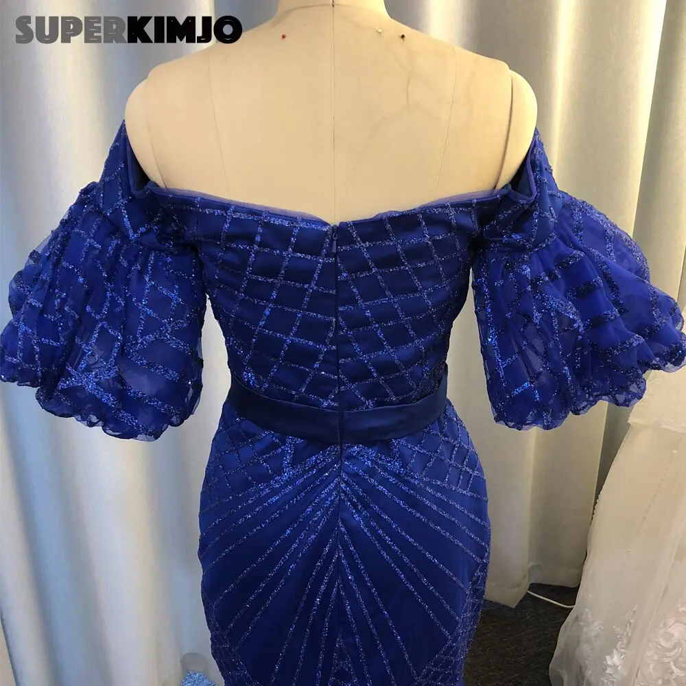 

SuperKimJo Abiye Gece Elbisesi Royal Blue Mermaid Evening Dresses Short 2020 Sparkle Off the Shoulder Elegant Evening Gown